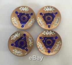 Czech Bohemian Cobalt Blue Glass 4 Demi Cups & Saucers Heavy Gold Enamel Flowers