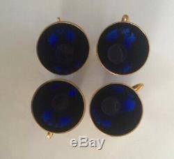 Czech Bohemian Cobalt Blue Glass 4 Demi Cups & Saucers Heavy Gold Enamel Flowers