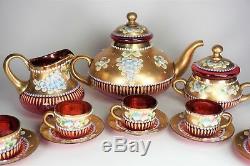Czech Cranberry Glass Coffee Pot Creamer Sugar Bowl Cups Saucers Gold & Flowers