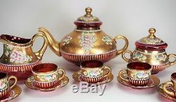 Czech Cranberry Glass Coffee Pot Creamer Sugar Bowl Cups Saucers Gold & Flowers
