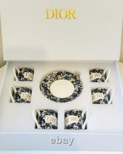 DIOR Espresso Cup & Saucer Set (6 Cups) Toile de Jouy Blue & Gold Porcelain