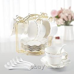 DUJUST Tea Cups and Saucers Set of 6 (200ml /7 OZ), Luxury Tea Cup Set with Gold