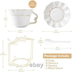 DUJUST Tea Cups and Saucers Set of 6 (200ml /7 OZ), Luxury Tea Cup Set with Gold