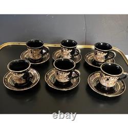 Demitasse Cups/Saucers Hand Made Greece Set of 6-Black With24K Gold, Greek Art