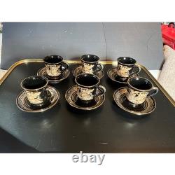 Demitasse Cups/Saucers Hand Made Greece Set of 6-Black With24K Gold, Greek Art