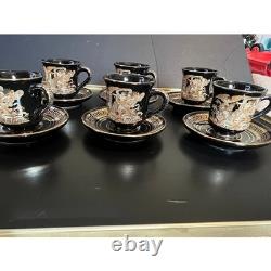 Demitasse Cups/Saucers Hand Made Greece Set of 6-Black With24K Gold, Greek Art