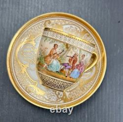 Dresden Ambrosius Lamm Gold Gilded Watteau Subject Demitasse Cup And Saucer Set