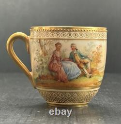 Dresden Ambrosius Lamm Gold Gilded Watteau Subject Demitasse Cup And Saucer Set