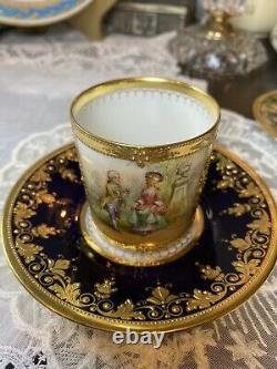 Dresden Cobalt Blue Raised Gold Demi Tea Cup Saucer Set HP Couple Romantic Scene