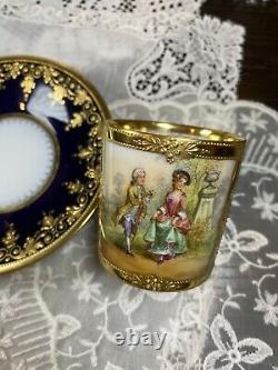Dresden Cobalt Blue Raised Gold Demi Tea Cup Saucer Set HP Couple Romantic Scene
