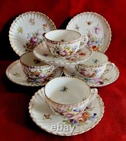 Dresden Floral Pttrn Gold Accents Fluted 4 Cups 6 Saucers Franziska Hirsch Antq