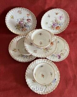 Dresden Floral Pttrn Gold Accents Fluted 4 Cups 6 Saucers Franziska Hirsch Antq