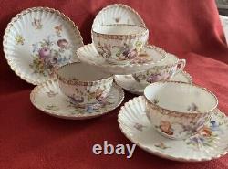 Dresden Floral Pttrn Gold Accents Fluted 4 Cups 6 Saucers Franziska Hirsch Antq