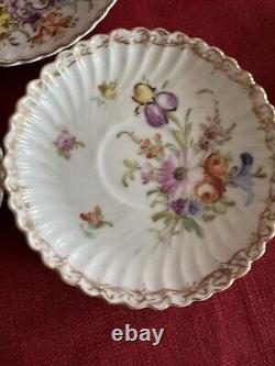 Dresden Floral Pttrn Gold Accents Fluted 4 Cups 6 Saucers Franziska Hirsch Antq