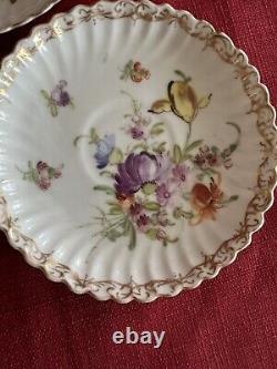 Dresden Floral Pttrn Gold Accents Fluted 4 Cups 6 Saucers Franziska Hirsch Antq