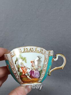 Dresden Hand Painted Watteau Scene Turquoise Gold Quatrefoil Tea Cup & Saucer