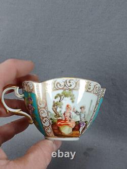 Dresden Hand Painted Watteau Scene Turquoise Gold Quatrefoil Tea Cup & Saucer