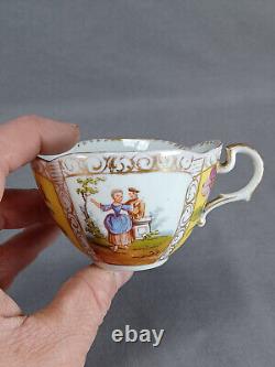Dresden Hand Painted Watteau Scene Yellow Gold Quatrefoil Tea Cup & Saucer