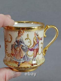 Dresden Hand Painted Watteau Scenes Raised Gold Floral Ivory Cup & Saucer