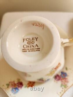 EB Foley 6 Tea Cups Saucers Floral Gold Ivory Bone China Hand Painted 1930s