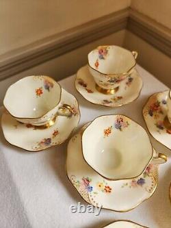 EB Foley 6 Tea Cups Saucers Floral Gold Ivory Bone China Hand Painted 1930s