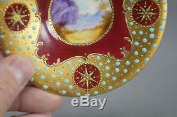 ES Prussia Hand Painted Landscape Red Heavy Gold Turquoise Jeweled Cup & Saucer