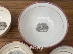 Early 19thC Bat Printed Transfer Ware Cups and Saucers With Gold Lustre Rims