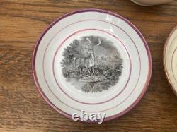 Early 19thC Bat Printed Transfer Ware Cups and Saucers With Gold Lustre Rims