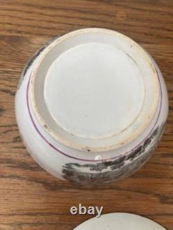 Early 19thC Bat Printed Transfer Ware Cups and Saucers With Gold Lustre Rims