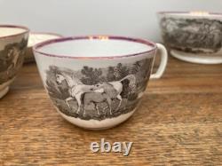 Early 19thC Bat Printed Transfer Ware Cups and Saucers With Gold Lustre Rims