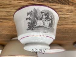 Early 19thC Bat Printed Transfer Ware Cups and Saucers With Gold Lustre Rims