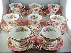 Eight Royal Albert Lady Carlyle Tea Cup & Saucer Sets Pink Floral Gold Trim