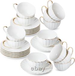 Elegant White Tea Cups & Saucers Set of 12 with Golden Trim, Dishwasher Safe