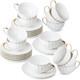 Elegant White Tea Cups & Saucers Set Of 12 With Golden Trim, Dishwasher Safe