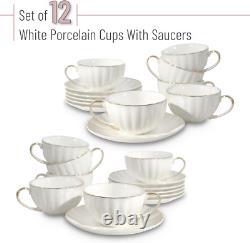Elegant White Tea Cups & Saucers Set of 12 with Golden Trim, Dishwasher Safe