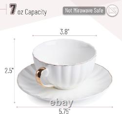Elegant White Tea Cups & Saucers Set of 12 with Golden Trim, Dishwasher Safe