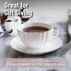 Elegant White Tea Cups & Saucers Set of 12 with Golden Trim, Dishwasher Safe