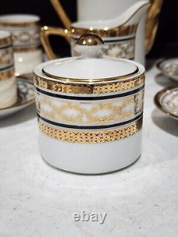 Elegante By Arnart White & Gold Teapot Sugar Creamer Tea Cups & Saucers Set
