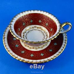 Elegantly Decorated Deep Red & Gold with Blue Flowers Wedgwood Tea Cup & Saucer