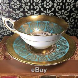 Exquisite Royal Stafford Turquoise Blue Green & Gold Tea Cup & Saucer Set