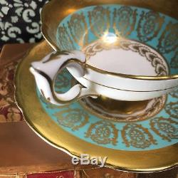 Exquisite Royal Stafford Turquoise Blue Green & Gold Tea Cup & Saucer Set