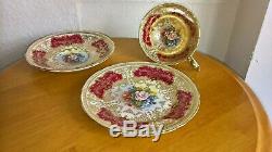 F. Bailey Aynsley Cabbage Rose Grapevine Gold Swag Trio, Cup, Saucer & Side Plate