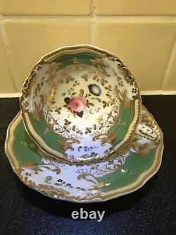 Fine Antique Grainger Worcester Floral Green & Gold Cup & Saucer c1830