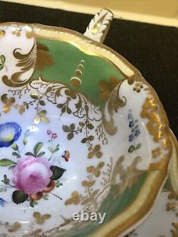 Fine Antique Grainger Worcester Floral Green & Gold Cup & Saucer c1830