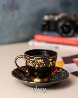 Fine Bone China Black Gold Tea Cups & Saucers- Set of 2 (180Ml)