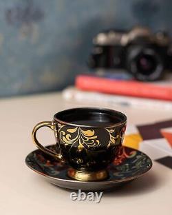 Fine Bone China Black Gold Tea Cups & Saucers- Set of 2 (180Ml)