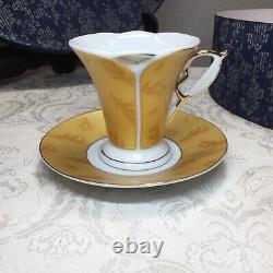 Fine Porcelain Demitasse Cup & Saucer Set in Box Gold Art Deco Peacock Feathers