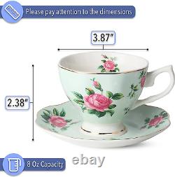 Floral Tea Cups and Saucers, Set of 8 (8 Oz) Multi-Color with Gold Trim and Gift