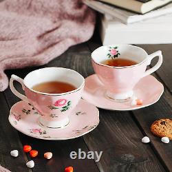Floral Tea Cups and Saucers, Set of 8 (8 Oz) Multi-Color with Gold Trim and Gift