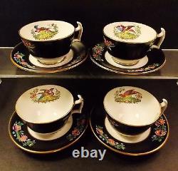 Four (4) Antique Spode Chelsea Bird Cups And Saucers Black Multi Colors Gold